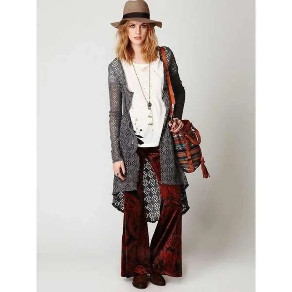 Vintage Free People Beach Gray Crochet Button Front Maxi Cardigan - Picture 4 of 16